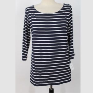 NWT Majestic Paris Neiman Marcus 4 L Soft Navy Blue White Stripe 3/4 Sleeve Top